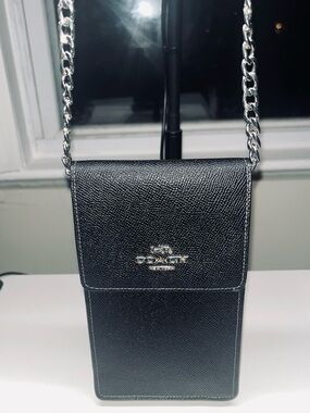 Coach Black Textured Leather Phone Pouch with Silver Logo